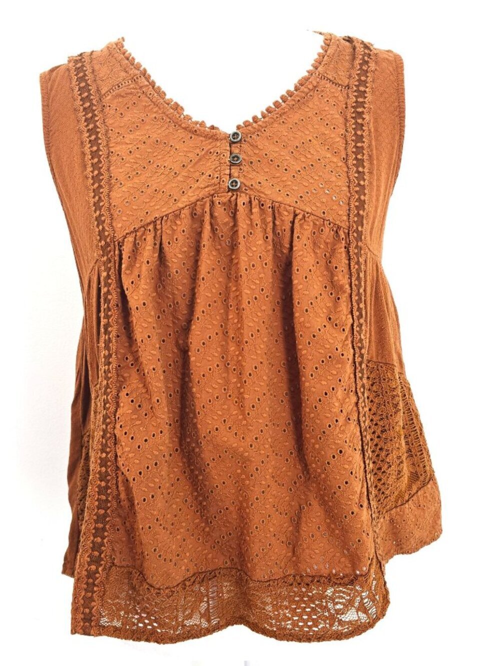 Knox Rose Mustard Brown Eyelet Lace Sleeveless Boho Top Women Size Small